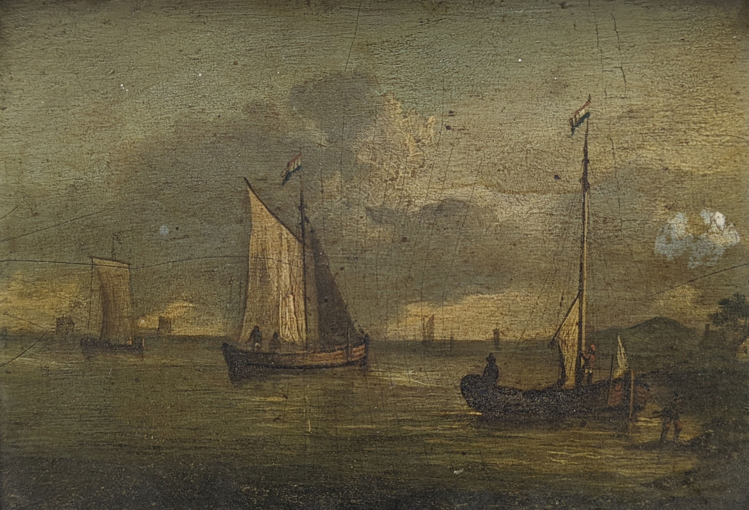 19th century Dutch School, oil on wooden panel, Fishing boats along the coast, 16 x 23cm